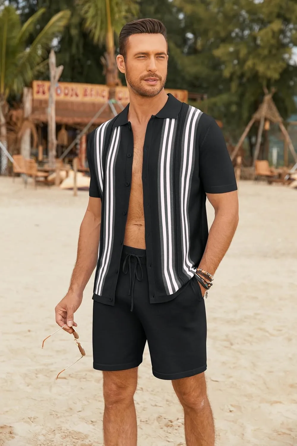 COOFANDY Men's 2 Piece Outfits Summer Short Sets Vintage Knit Button Down Shirt Short Sleeve Polo Casual Beach Suits