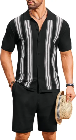 COOFANDY Men's 2 Piece Outfits Summer Short Sets Vintage Knit Button Down Shirt Short Sleeve Polo Casual Beach Suits