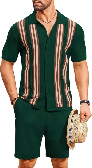 COOFANDY Men's 2 Piece Outfits Summer Short Sets Vintage Knit Button Down Shirt Short Sleeve Polo Casual Beach Suits