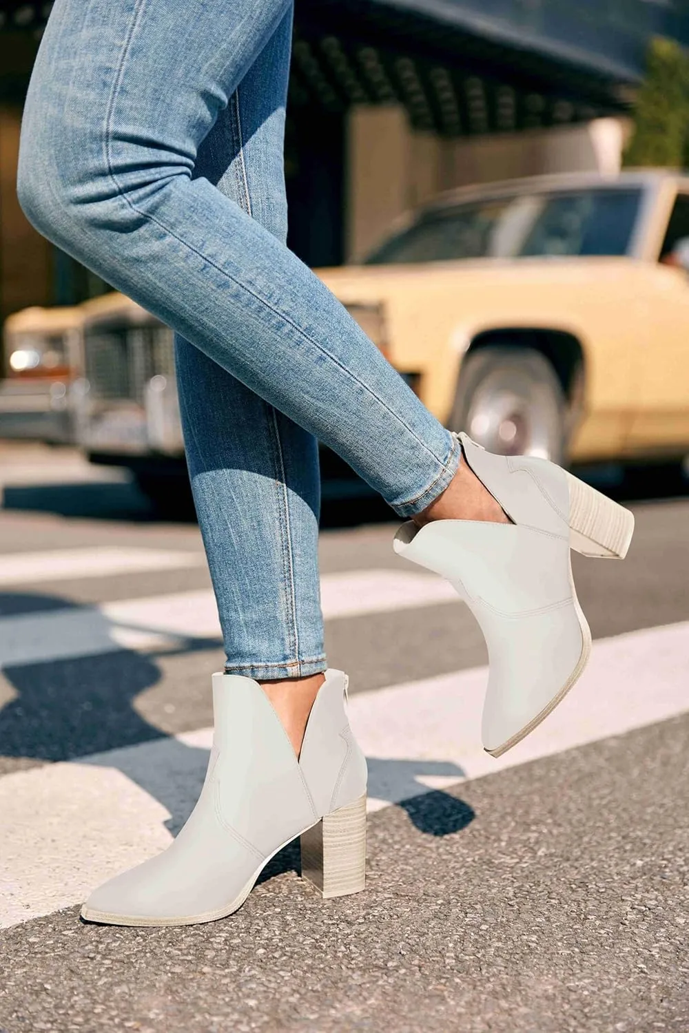 Coutgo Womens Cutout Ankle Boots Pointed Toe Chunky Heel Booties Back Zipper Slip on Western Boot Shoes