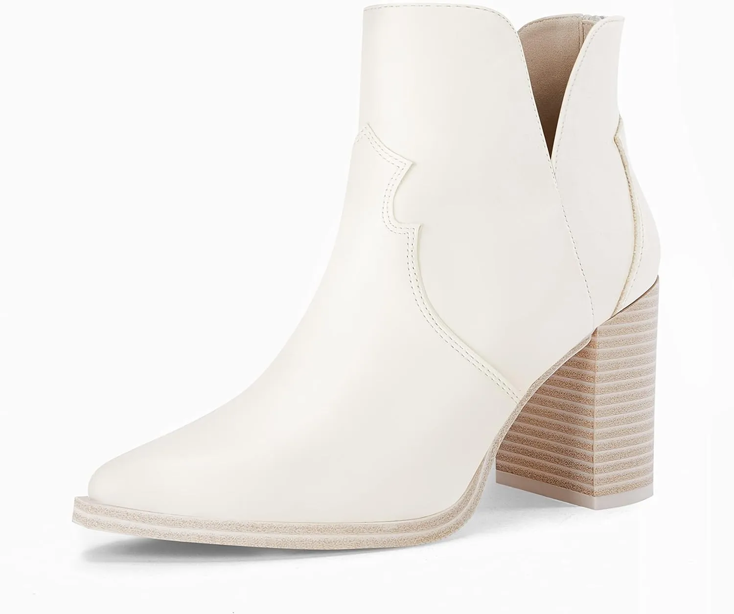 Coutgo Womens Cutout Ankle Boots Pointed Toe Chunky Heel Booties Back Zipper Slip on Western Boot Shoes