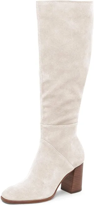 Coutgo Womens Knee High Boots Square Toe Chunky Block Heel Side Zipper Faux Suede Long Boots Fall Winter Shoes