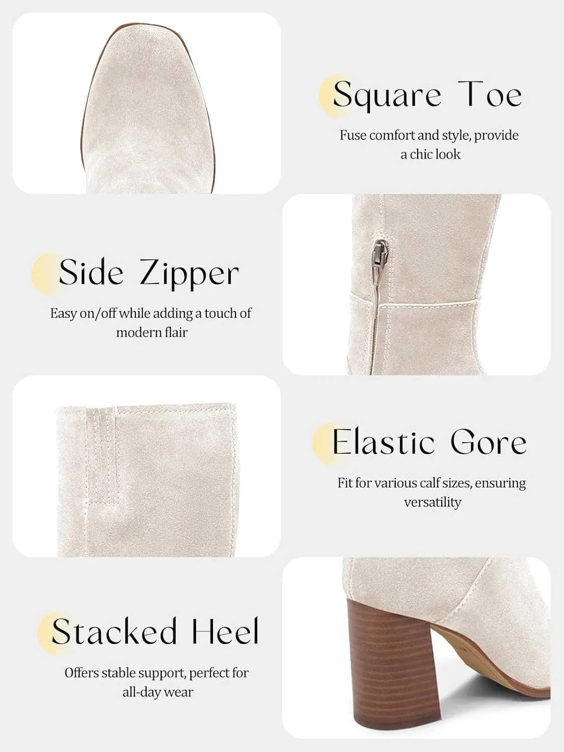 Coutgo Womens Knee High Boots Square Toe Chunky Block Heel Side Zipper Faux Suede Long Boots Fall Winter Shoes