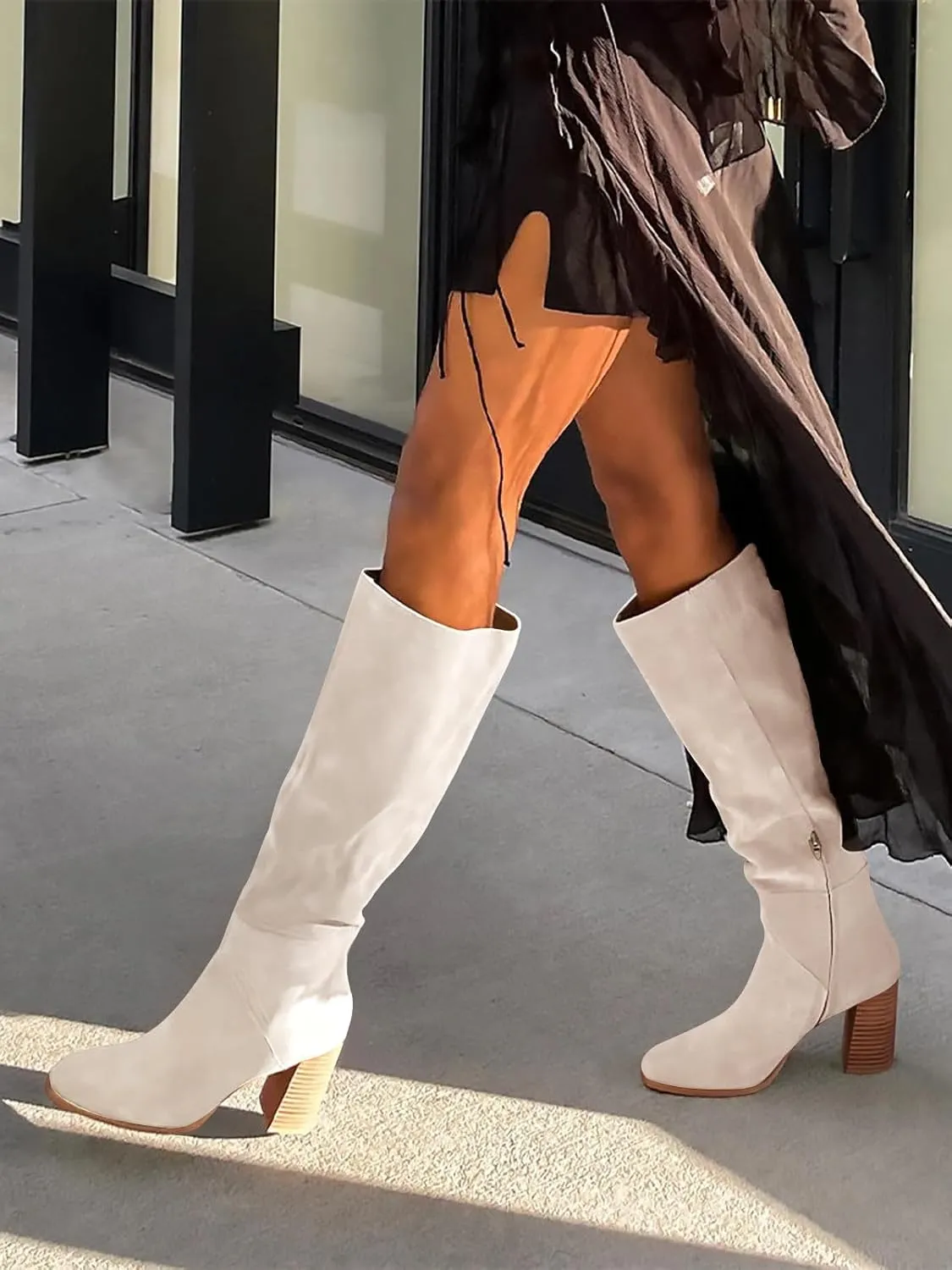 Coutgo Womens Knee High Boots Square Toe Chunky Block Heel Side Zipper Faux Suede Long Boots Fall Winter Shoes