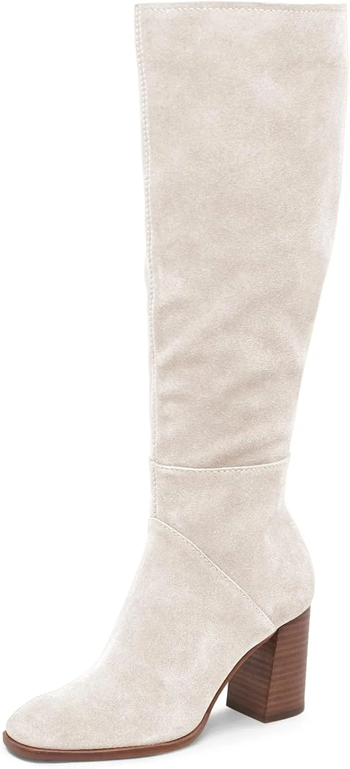 Coutgo Womens Knee High Boots Square Toe Chunky Block Heel Side Zipper Faux Suede Long Boots Fall Winter Shoes