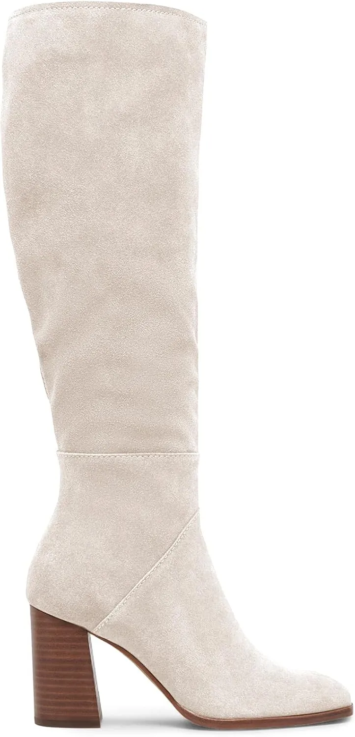 Coutgo Womens Knee High Boots Square Toe Chunky Block Heel Side Zipper Faux Suede Long Boots Fall Winter Shoes