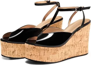 Coutgo Womens Platform Wedge Sandals Cork Dressy Peep Toe Ankle Buckle Strap High Heels Summer Shoes