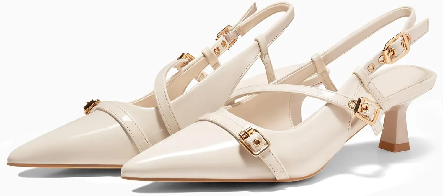 Coutgo Womens Slingback Kitten Heels Low Heel Closed Pointed Toe Pumps Buckle Strap Heeled Sandals Shoes