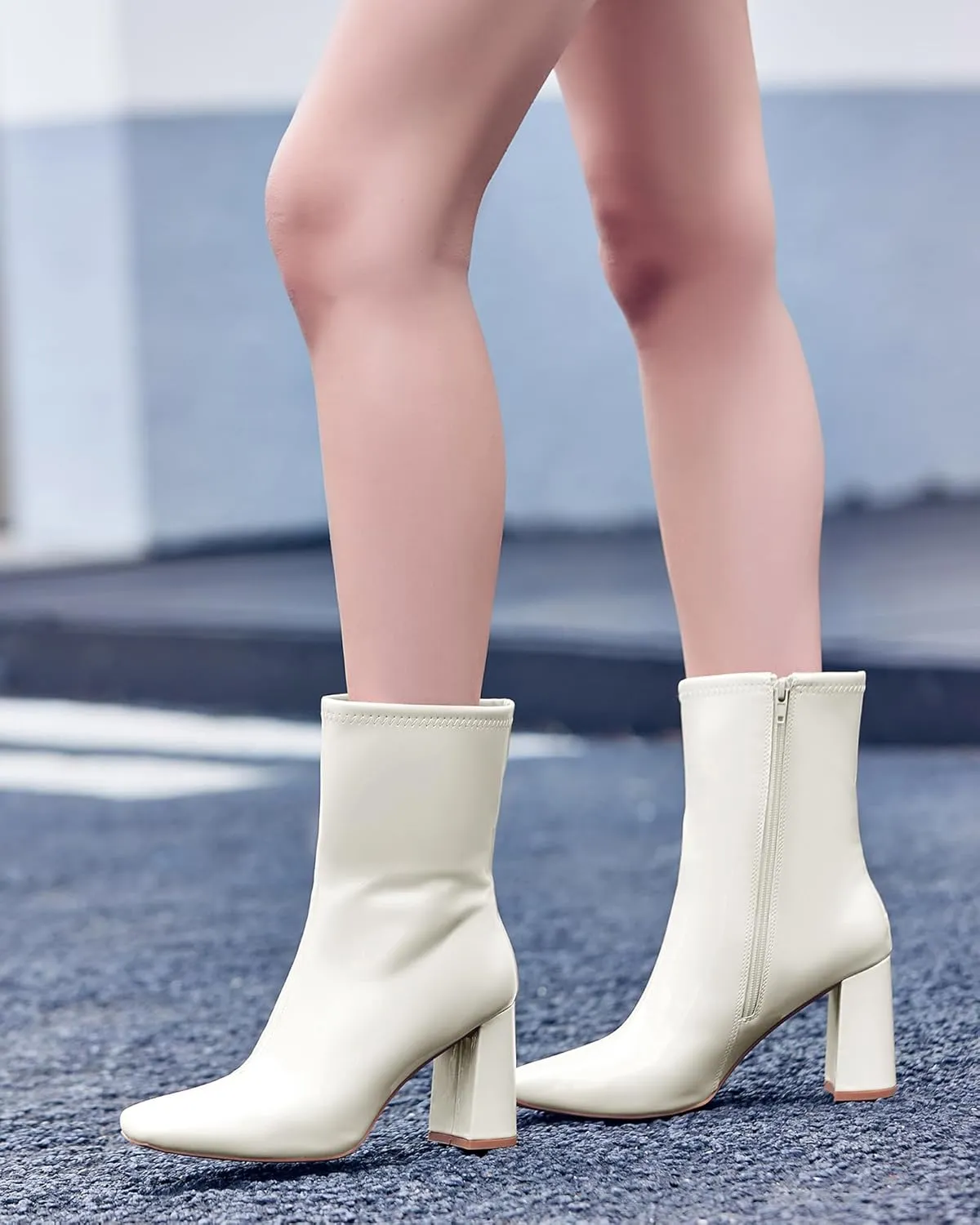 Coutgo Womens Square Toe Gogo Mid Calf Booties Patent Leather High Chunky Block Heel Side Zipper Ankle Boots