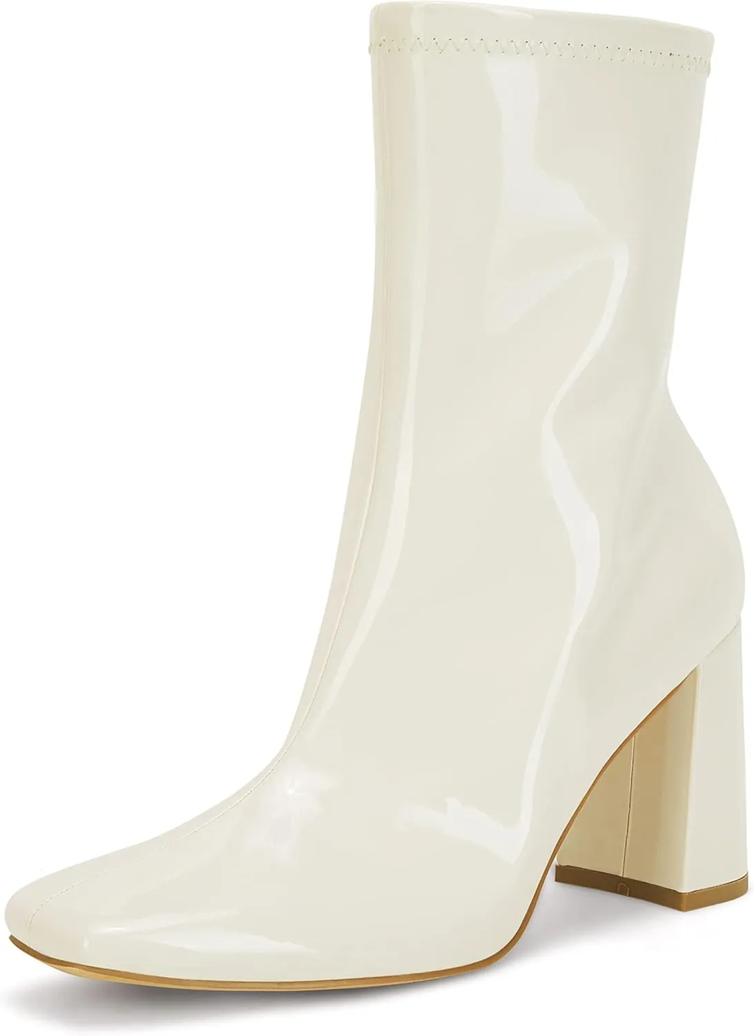 Coutgo Womens Square Toe Gogo Mid Calf Booties Patent Leather High Chunky Block Heel Side Zipper Ankle Boots