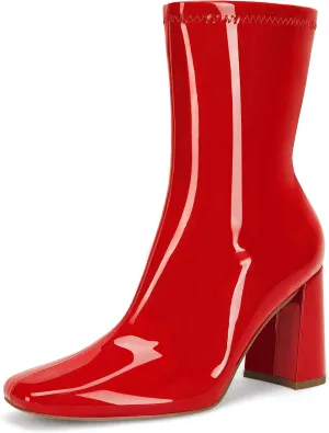 Coutgo Womens Square Toe Gogo Mid Calf Booties Patent Leather High Chunky Block Heel Side Zipper Ankle Boots