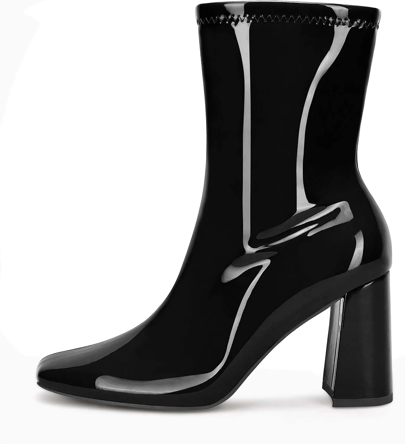 Coutgo Womens Square Toe Gogo Mid Calf Booties Patent Leather High Chunky Block Heel Side Zipper Ankle Boots