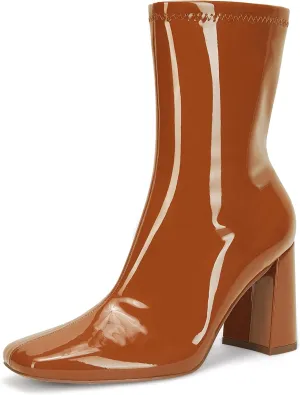 Coutgo Womens Square Toe Gogo Mid Calf Booties Patent Leather High Chunky Block Heel Side Zipper Ankle Boots