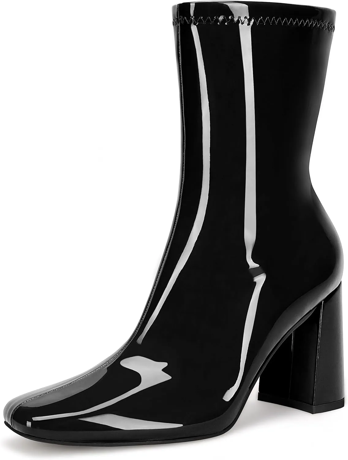 Coutgo Womens Square Toe Gogo Mid Calf Booties Patent Leather High Chunky Block Heel Side Zipper Ankle Boots