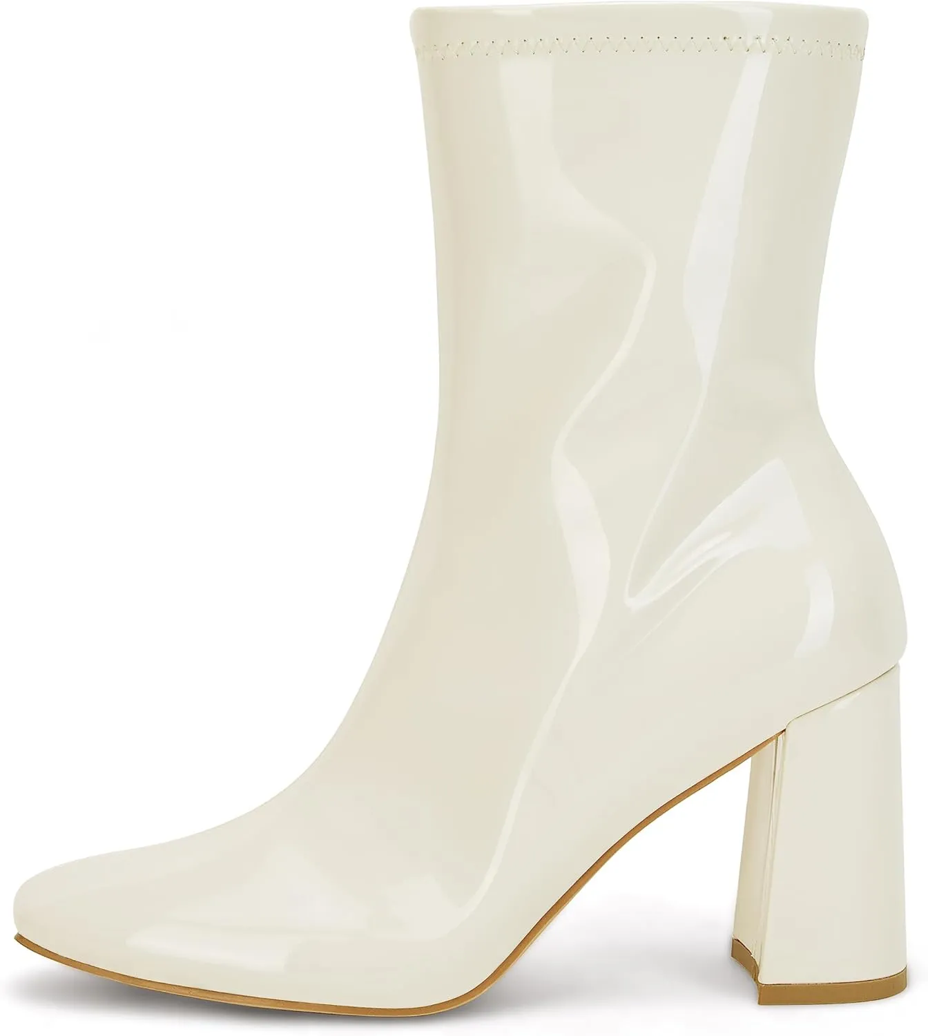 Coutgo Womens Square Toe Gogo Mid Calf Booties Patent Leather High Chunky Block Heel Side Zipper Ankle Boots