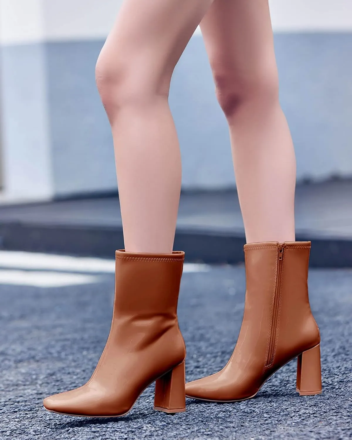Coutgo Womens Square Toe Gogo Mid Calf Booties Patent Leather High Chunky Block Heel Side Zipper Ankle Boots