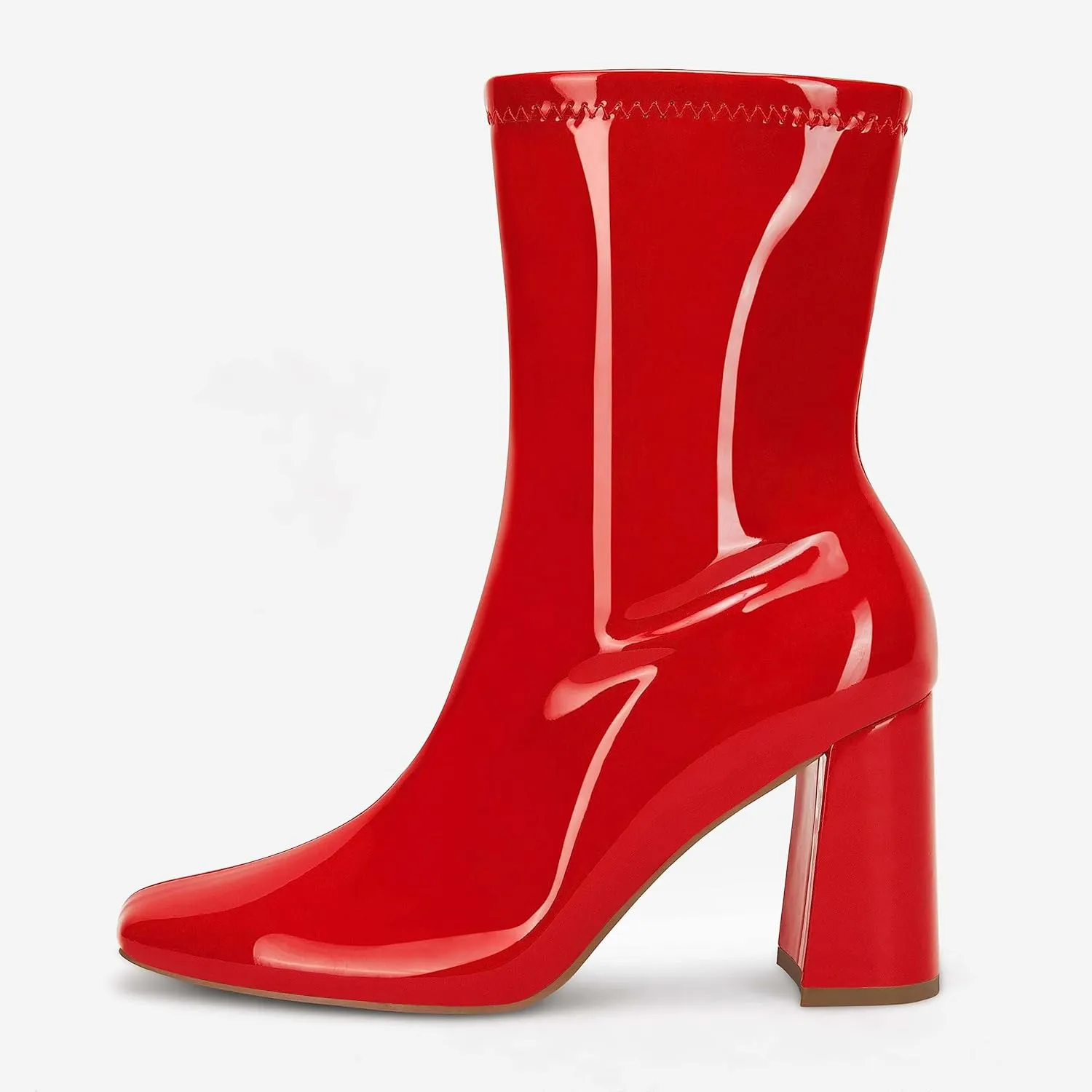 Coutgo Womens Square Toe Gogo Mid Calf Booties Patent Leather High Chunky Block Heel Side Zipper Ankle Boots