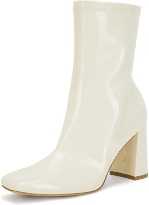Coutgo Womens Square Toe Gogo Mid Calf Booties Patent Leather High Chunky Block Heel Side Zipper Ankle Boots