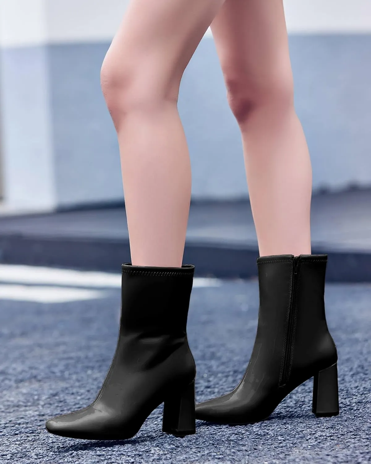 Coutgo Womens Square Toe Gogo Mid Calf Booties Patent Leather High Chunky Block Heel Side Zipper Ankle Boots
