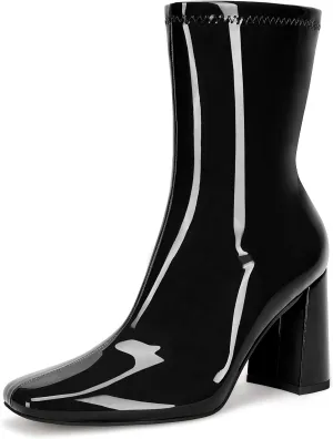 Coutgo Womens Square Toe Gogo Mid Calf Booties Patent Leather High Chunky Block Heel Side Zipper Ankle Boots
