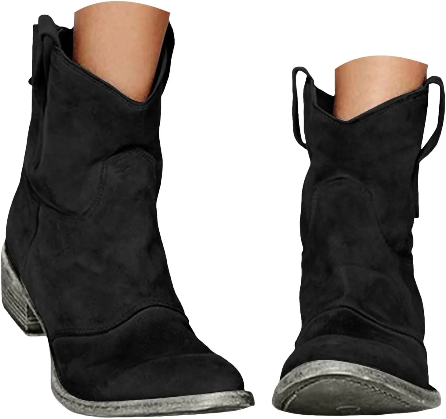 Cowboy Boots for Women Cowgirl Low Heel Chunky Stacked Winter Fall Booties Slouchy Western Wide Mid Calf Pointed Toe Shoes