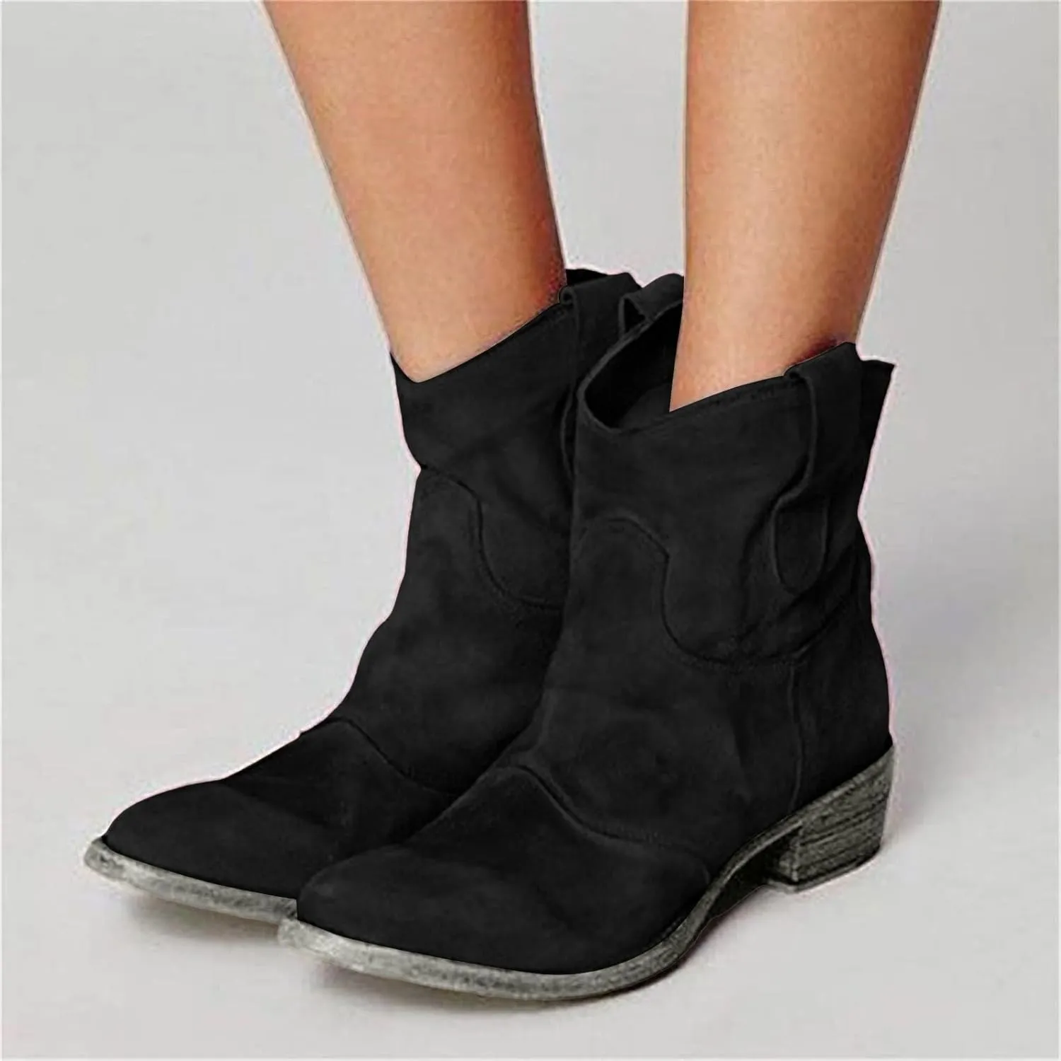 Cowboy Boots for Women Cowgirl Low Heel Chunky Stacked Winter Fall Booties Slouchy Western Wide Mid Calf Pointed Toe Shoes