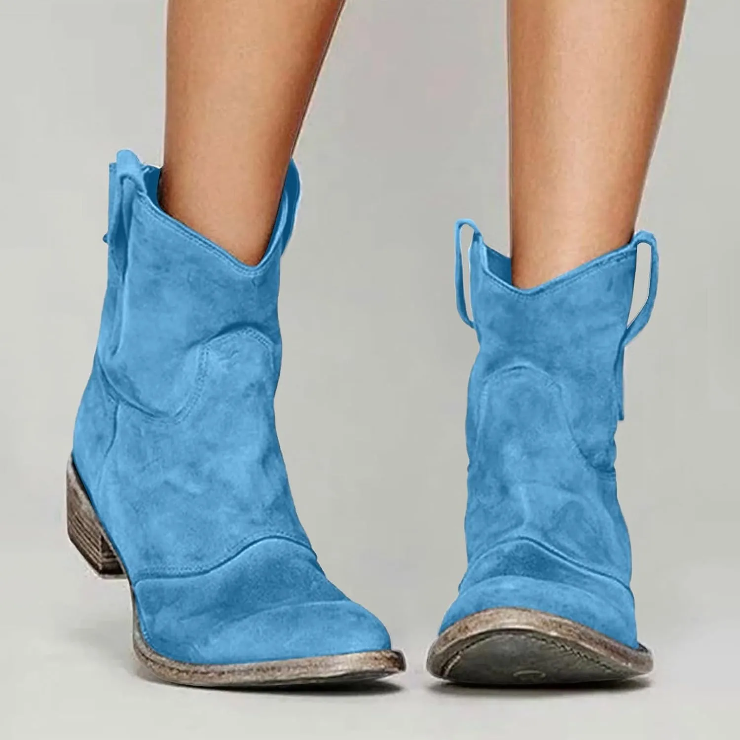 Cowboy Boots for Women Cowgirl Low Heel Chunky Stacked Winter Fall Booties Slouchy Western Wide Mid Calf Pointed Toe Shoes