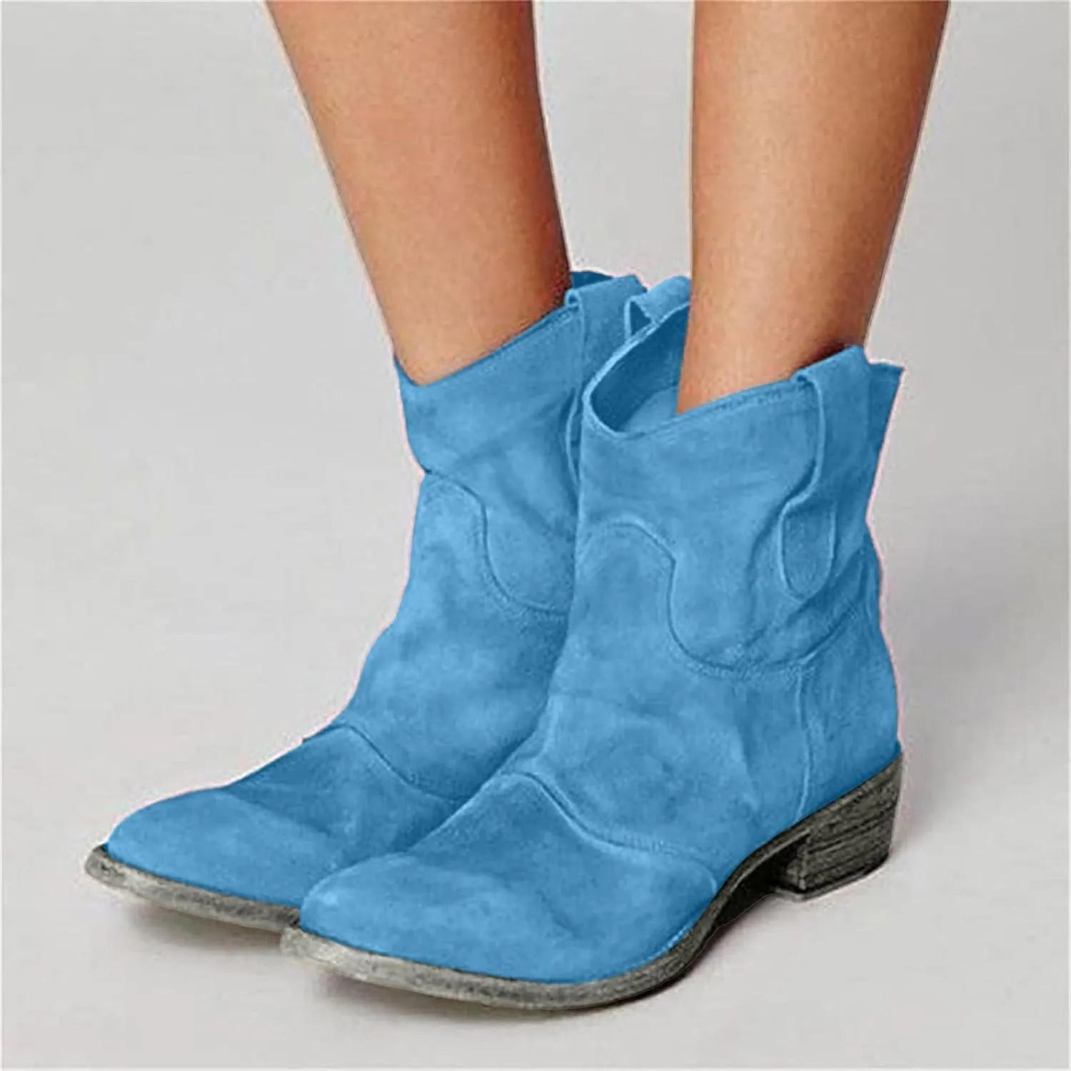 Cowboy Boots for Women Cowgirl Low Heel Chunky Stacked Winter Fall Booties Slouchy Western Wide Mid Calf Pointed Toe Shoes