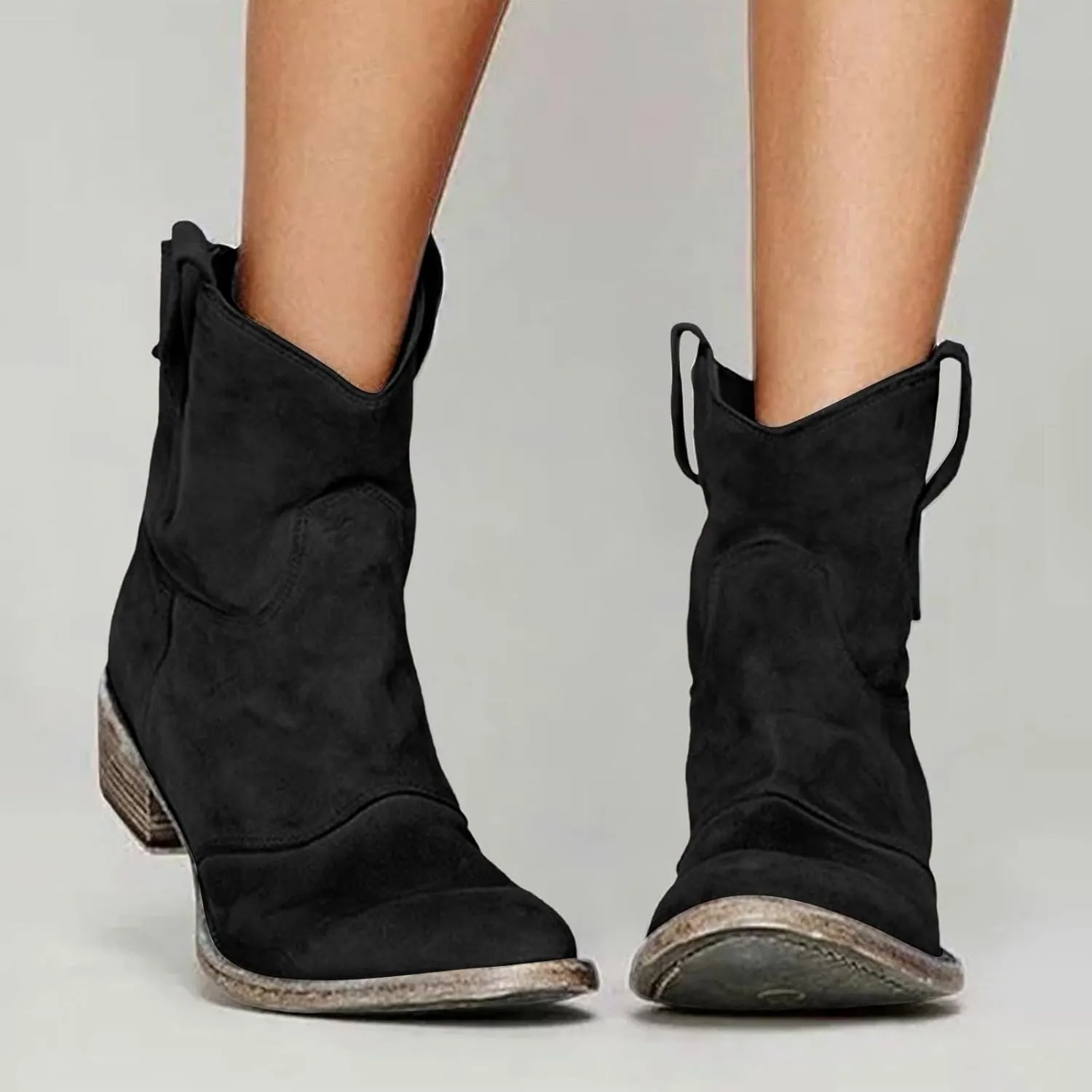 Cowboy Boots for Women Cowgirl Low Heel Chunky Stacked Winter Fall Booties Slouchy Western Wide Mid Calf Pointed Toe Shoes