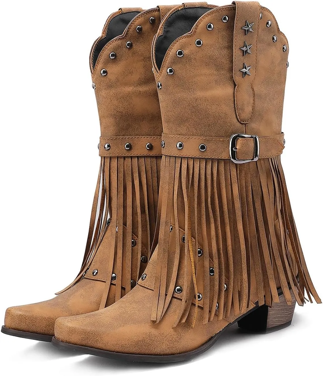 Cowboy Boots for Women Mid Calf Chunky Heel Cowgirl Booties Western Pointed Toe Low Chunky Heel Tassel Women Boot