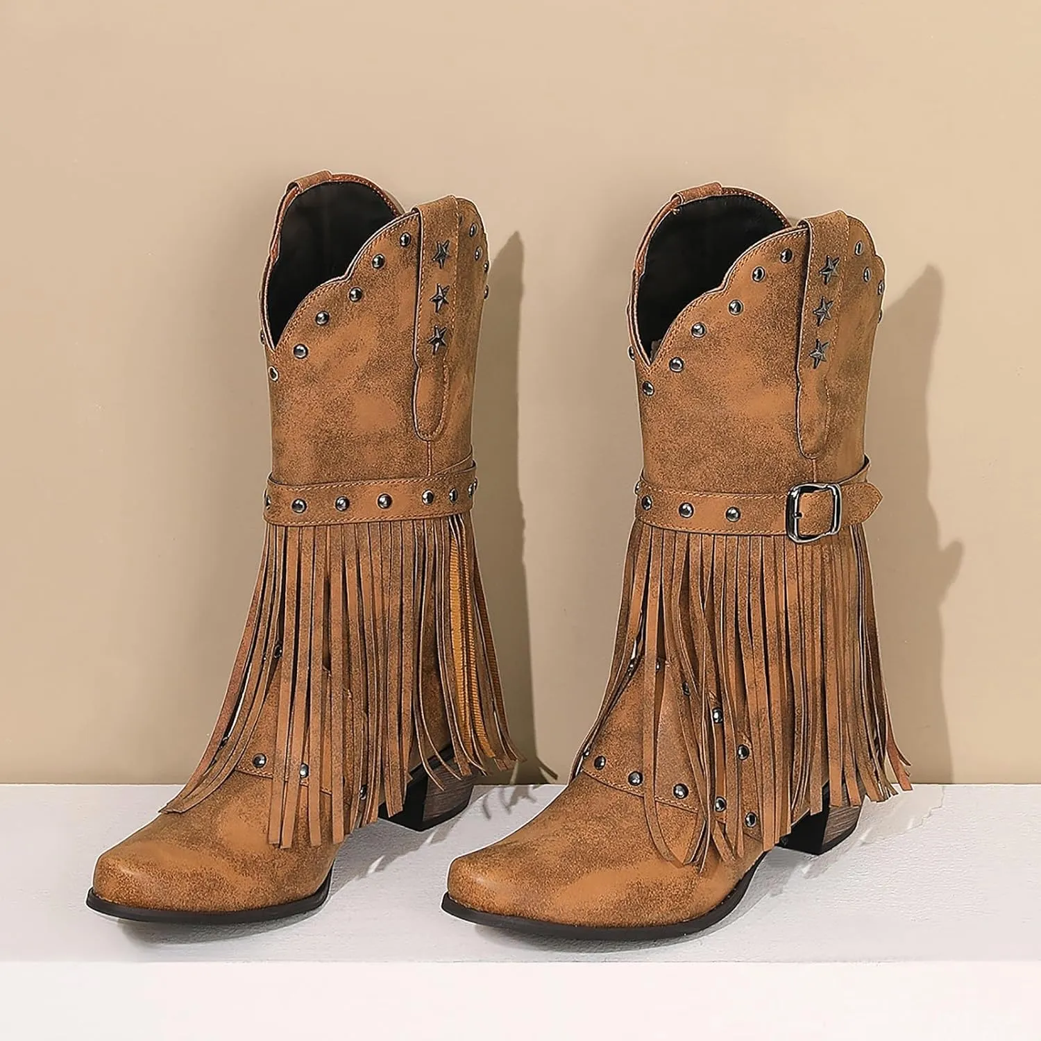 Cowboy Boots for Women Mid Calf Chunky Heel Cowgirl Booties Western Pointed Toe Low Chunky Heel Tassel Women Boot