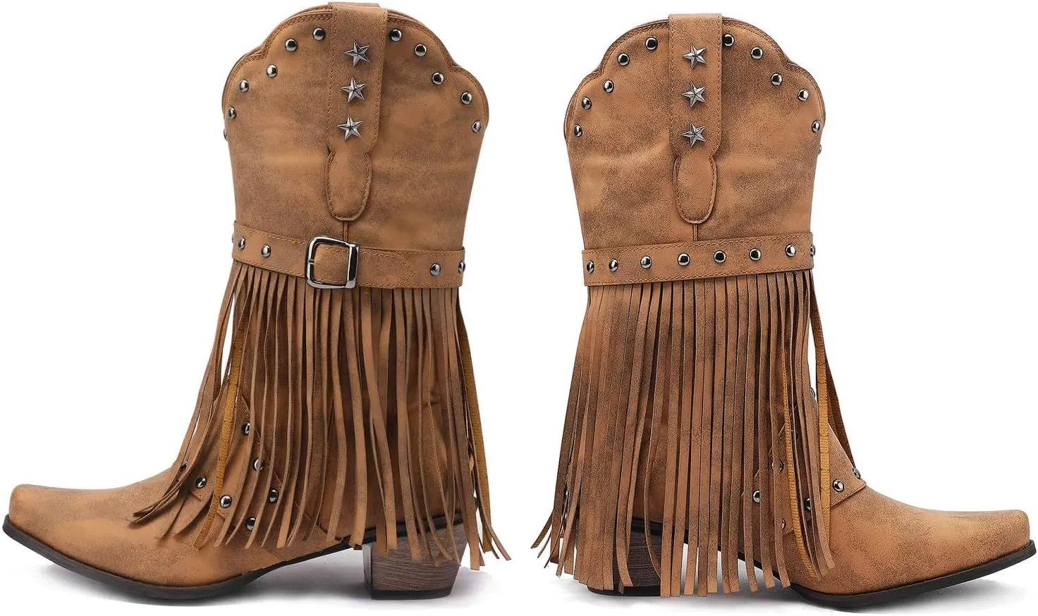 Cowboy Boots for Women Mid Calf Chunky Heel Cowgirl Booties Western Pointed Toe Low Chunky Heel Tassel Women Boot