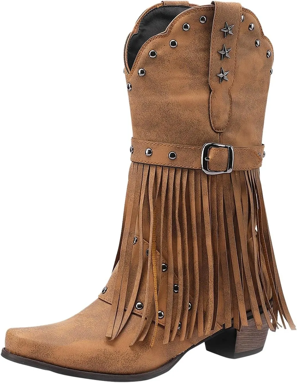 Cowboy Boots for Women Mid Calf Chunky Heel Cowgirl Booties Western Pointed Toe Low Chunky Heel Tassel Women Boot