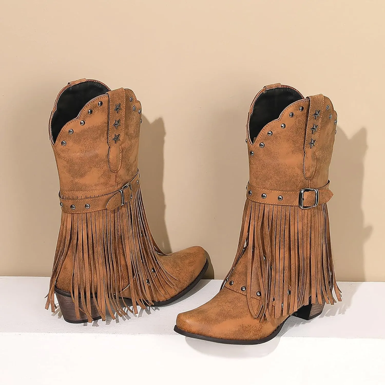 Cowboy Boots for Women Mid Calf Chunky Heel Cowgirl Booties Western Pointed Toe Low Chunky Heel Tassel Women Boot