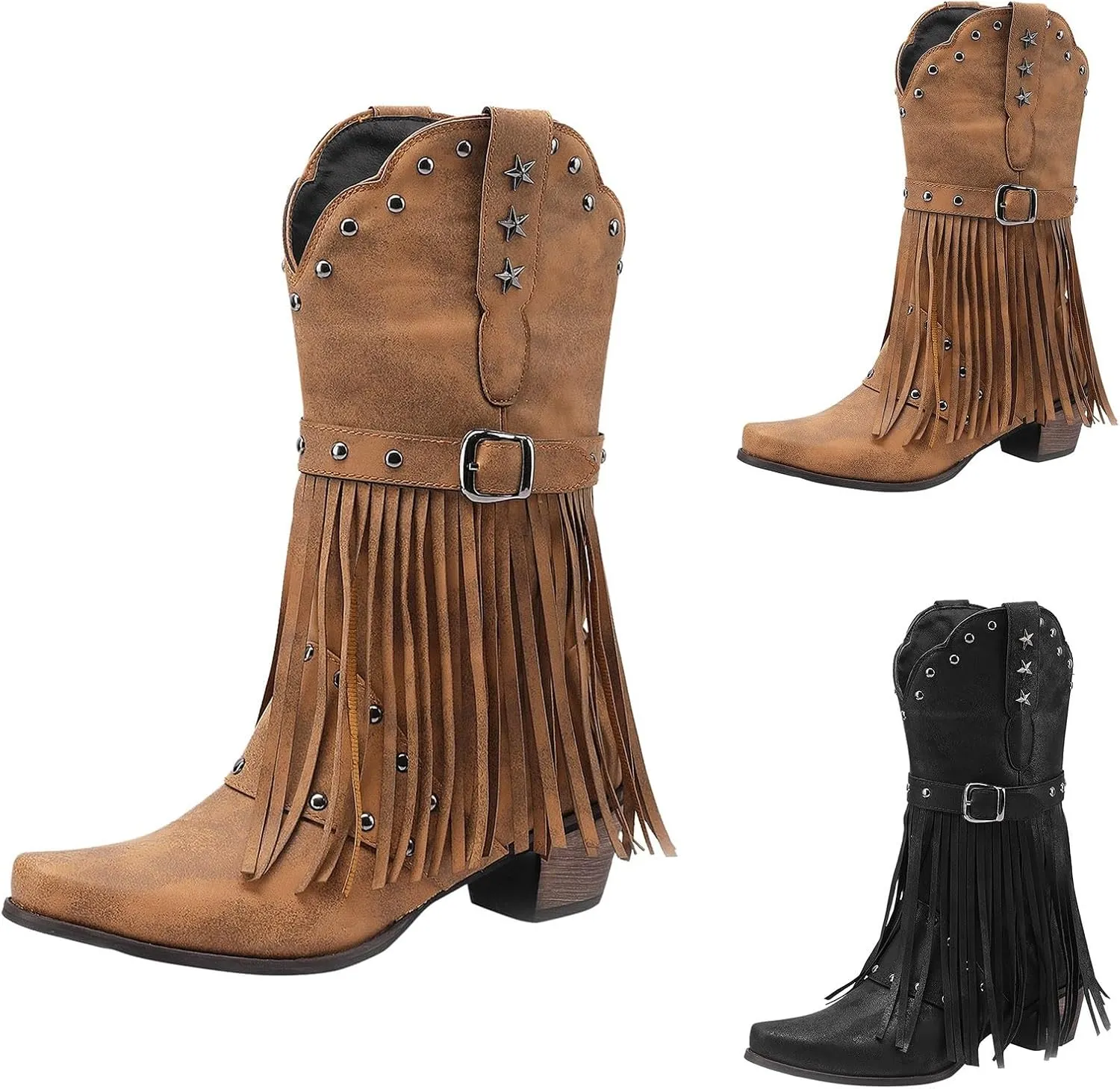 Cowboy Boots for Women Mid Calf Chunky Heel Cowgirl Booties Western Pointed Toe Low Chunky Heel Tassel Women Boot