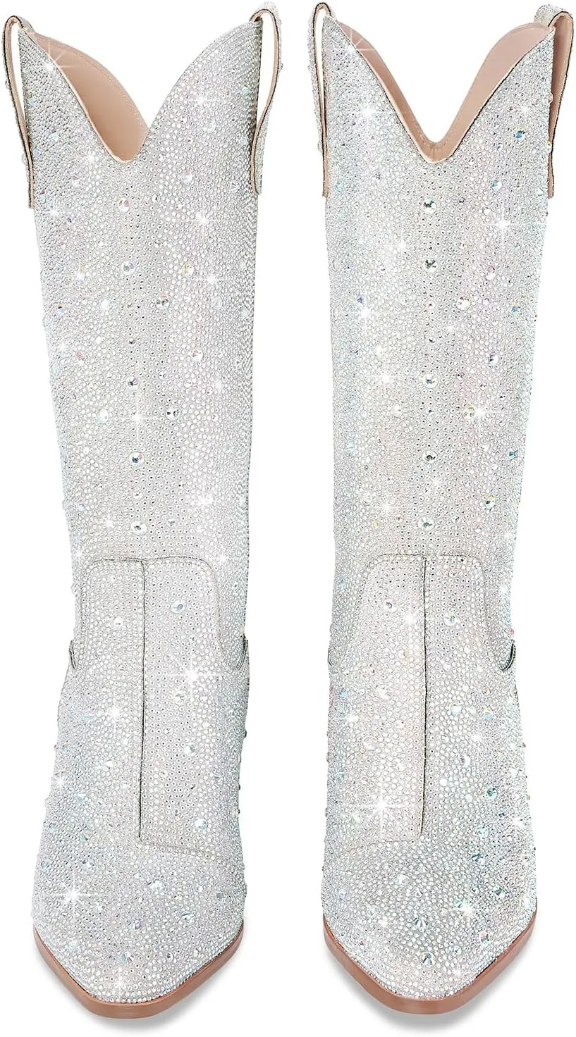 Cowgirl Ankle Boots Cowboy Boots for Women Western Booties Rhinestone Chunky Heel Fashion Comfortable Side Zipper