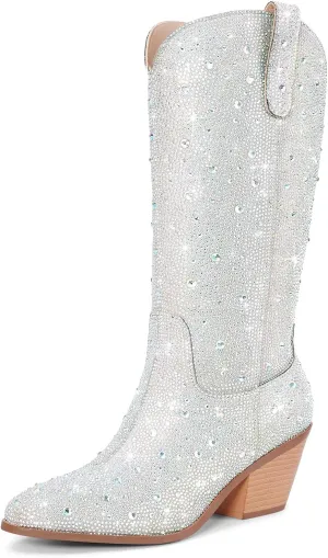 Cowgirl Ankle Boots Cowboy Boots for Women Western Booties Rhinestone Chunky Heel Fashion Comfortable Side Zipper