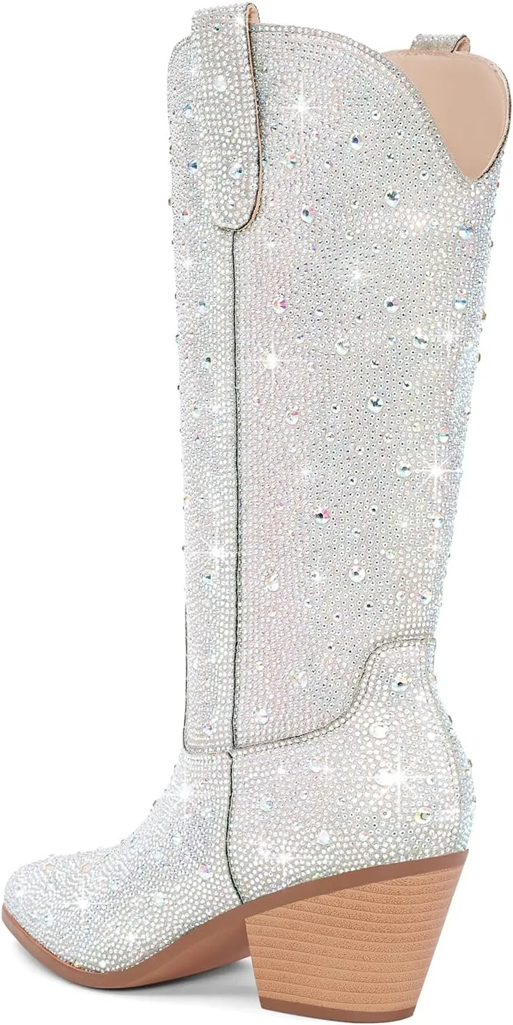 Cowgirl Ankle Boots Cowboy Boots for Women Western Booties Rhinestone Chunky Heel Fashion Comfortable Side Zipper