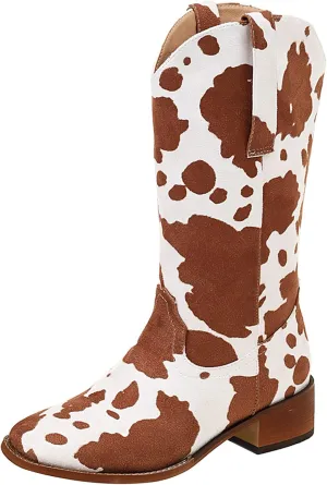 Cozivwaiy Women Mid Calf Cowboy Boots Chunky Heel Half Boots Cow Print Western Boots Plus size (US 4-12.5)
