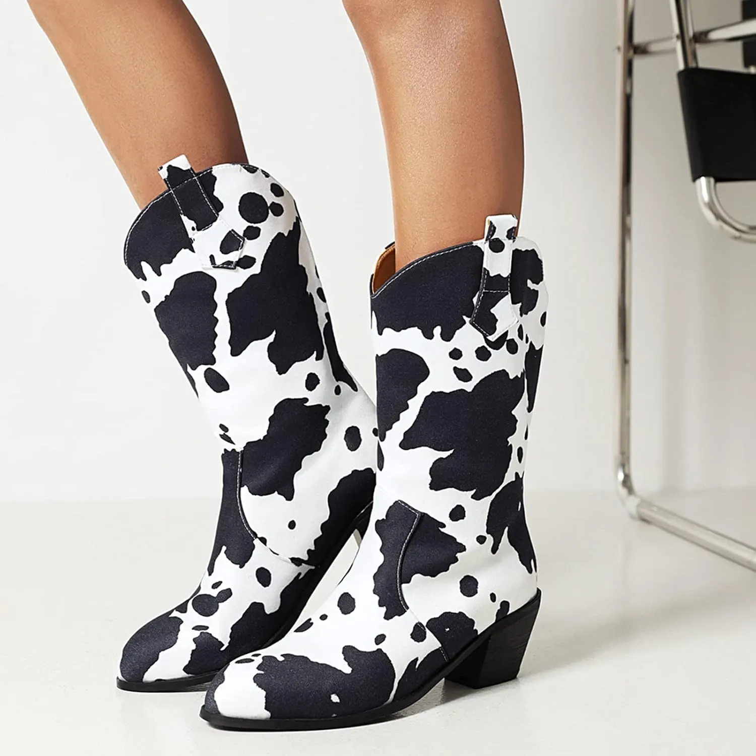 Cozivwaiy Women Mid Calf Cowboy Boots Chunky Heel Half Boots Cow Print Western Boots Plus size (US 4-12.5)