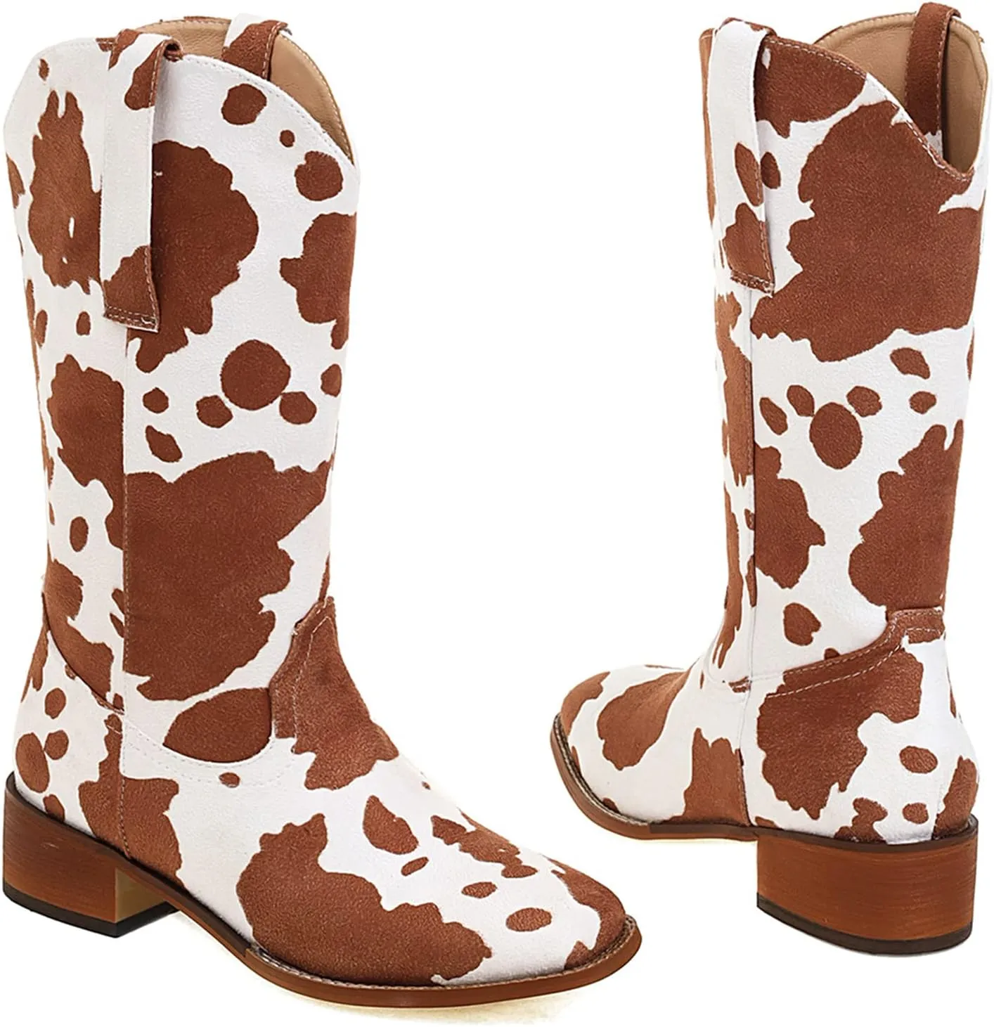 Cozivwaiy Women Mid Calf Cowboy Boots Chunky Heel Half Boots Cow Print Western Boots Plus size (US 4-12.5)