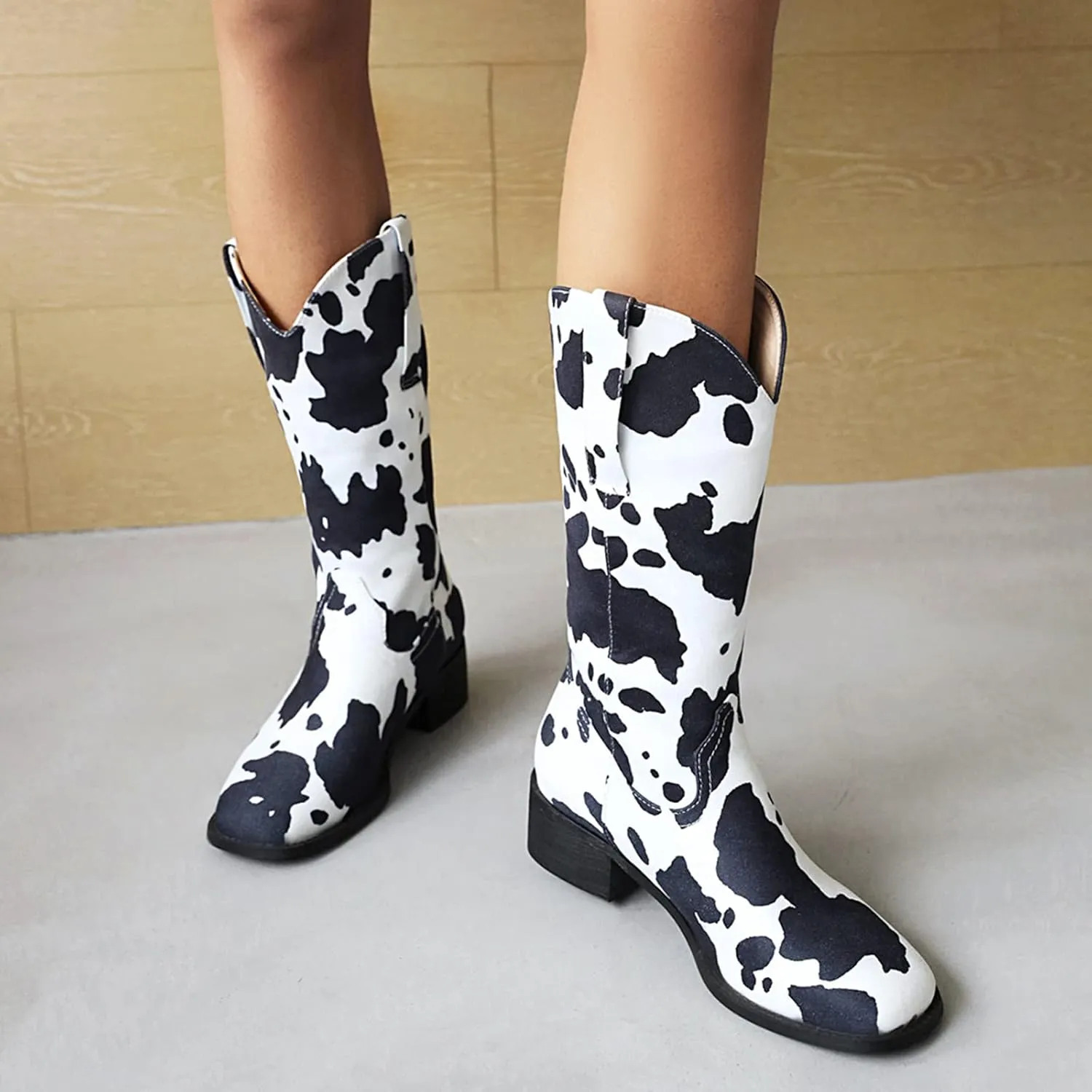 Cozivwaiy Women Mid Calf Cowboy Boots Chunky Heel Half Boots Cow Print Western Boots Plus size (US 4-12.5)
