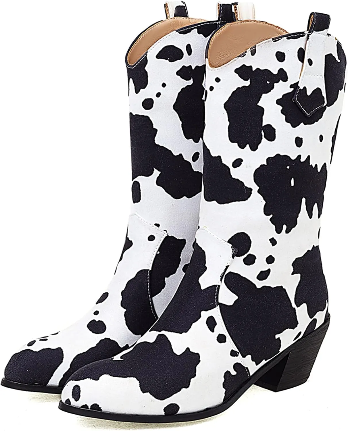 Cozivwaiy Women Mid Calf Cowboy Boots Chunky Heel Half Boots Cow Print Western Boots Plus size (US 4-12.5)