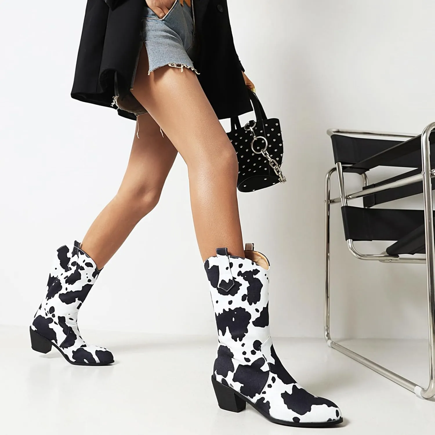 Cozivwaiy Women Mid Calf Cowboy Boots Chunky Heel Half Boots Cow Print Western Boots Plus size (US 4-12.5)
