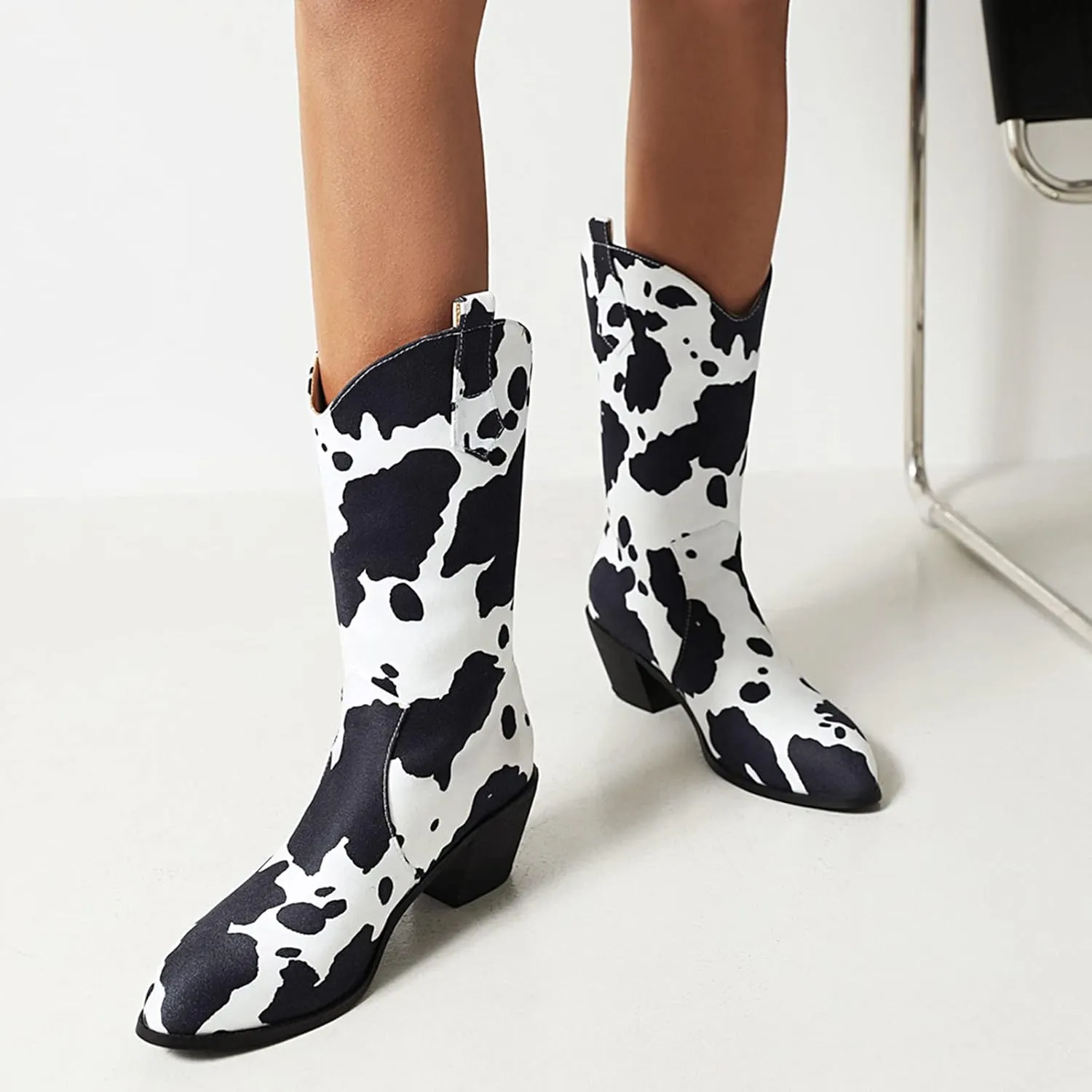 Cozivwaiy Women Mid Calf Cowboy Boots Chunky Heel Half Boots Cow Print Western Boots Plus size (US 4-12.5)