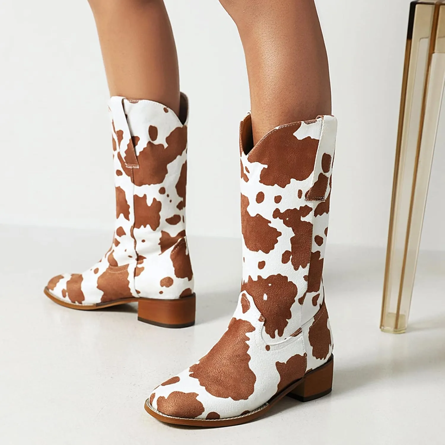 Cozivwaiy Women Mid Calf Cowboy Boots Chunky Heel Half Boots Cow Print Western Boots Plus size (US 4-12.5)