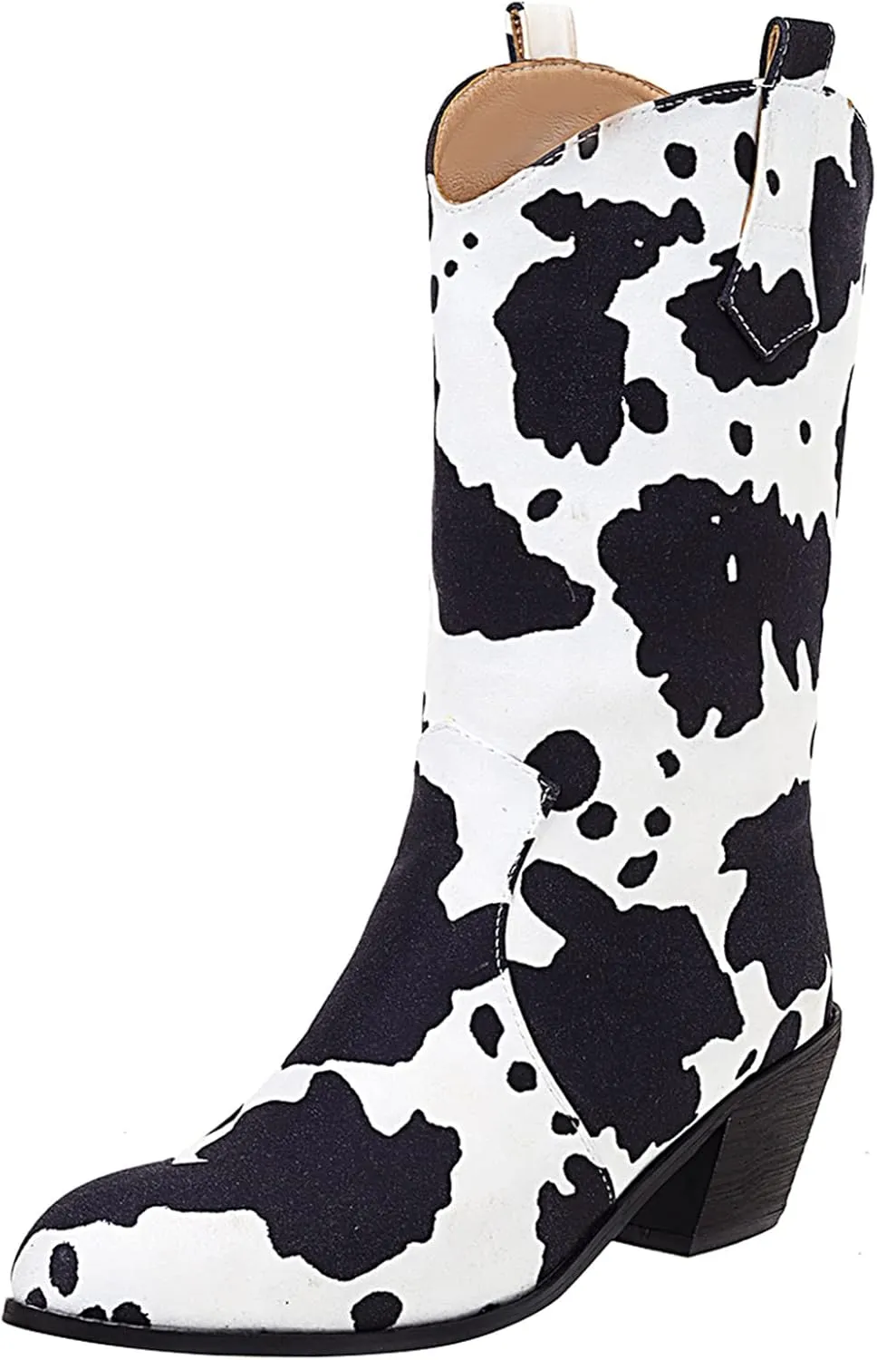 Cozivwaiy Women Mid Calf Cowboy Boots Chunky Heel Half Boots Cow Print Western Boots Plus size (US 4-12.5)