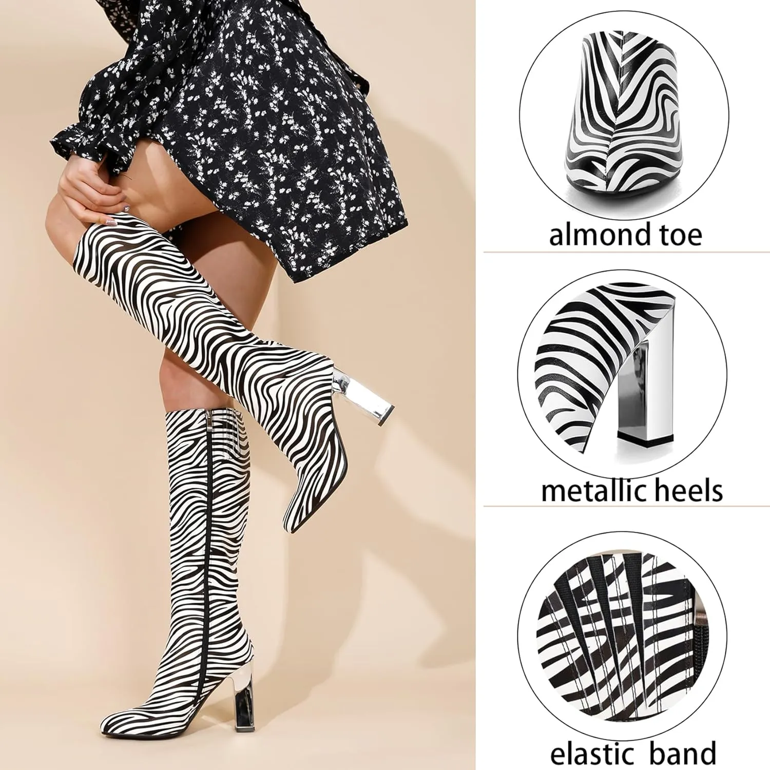 Cozivwaiy Women's Knee High Chrome Metallic Tall Boots: Heels, Block, Riding, Formal, Dress, Fancy, Zipper