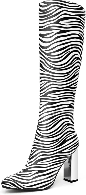 Cozivwaiy Women's Knee High Chrome Metallic Tall Boots: Heels, Block, Riding, Formal, Dress, Fancy, Zipper