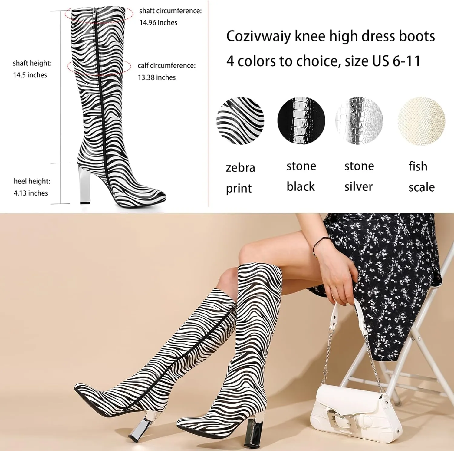 Cozivwaiy Women's Knee High Chrome Metallic Tall Boots: Heels, Block, Riding, Formal, Dress, Fancy, Zipper